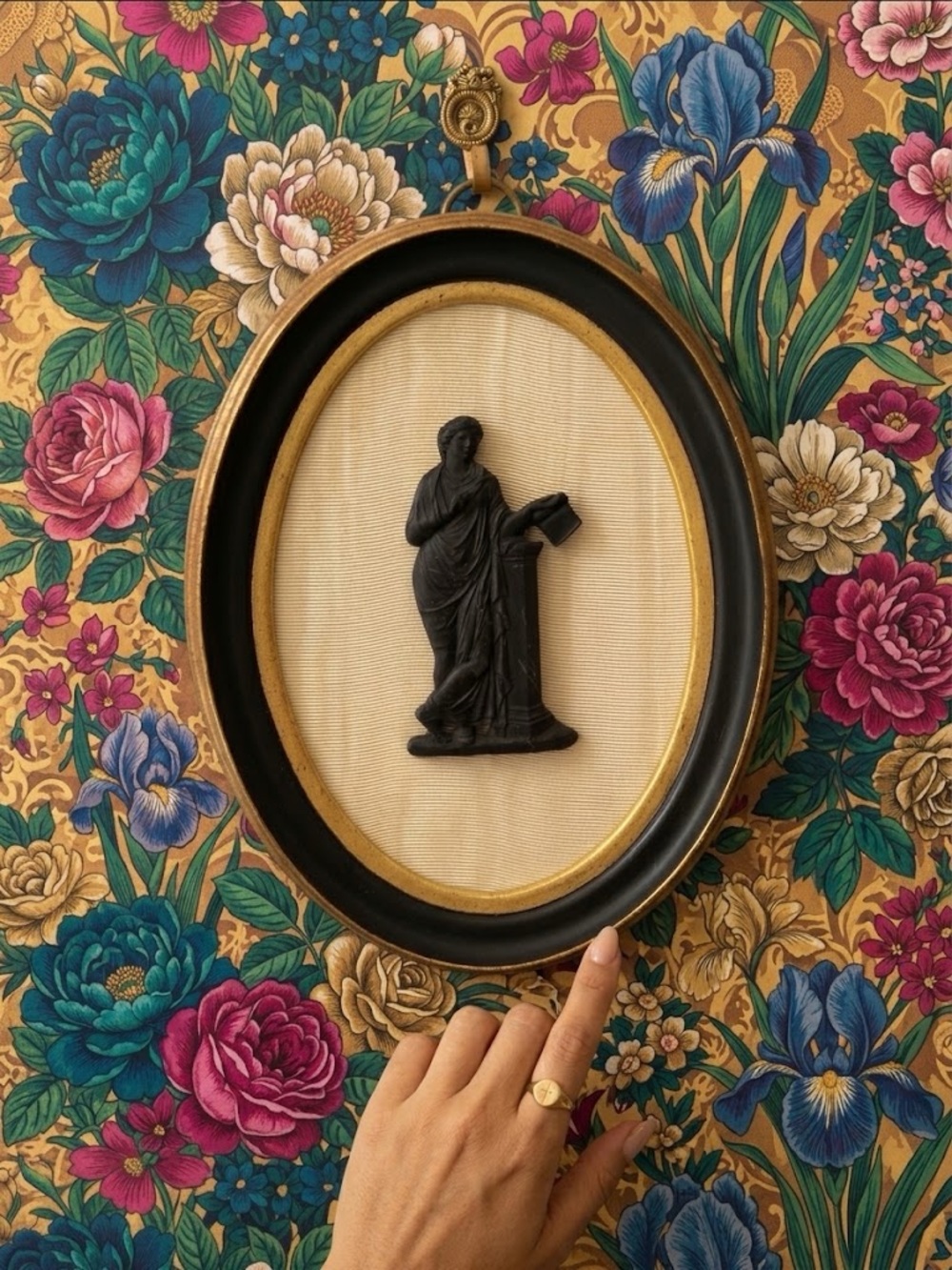 Vintage Neoclassical Black Basalt Style Relief Plaque Gold Frame Wall Art w Hook